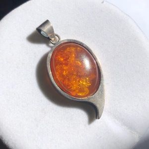 Large Orange Amber and Silver Pendant